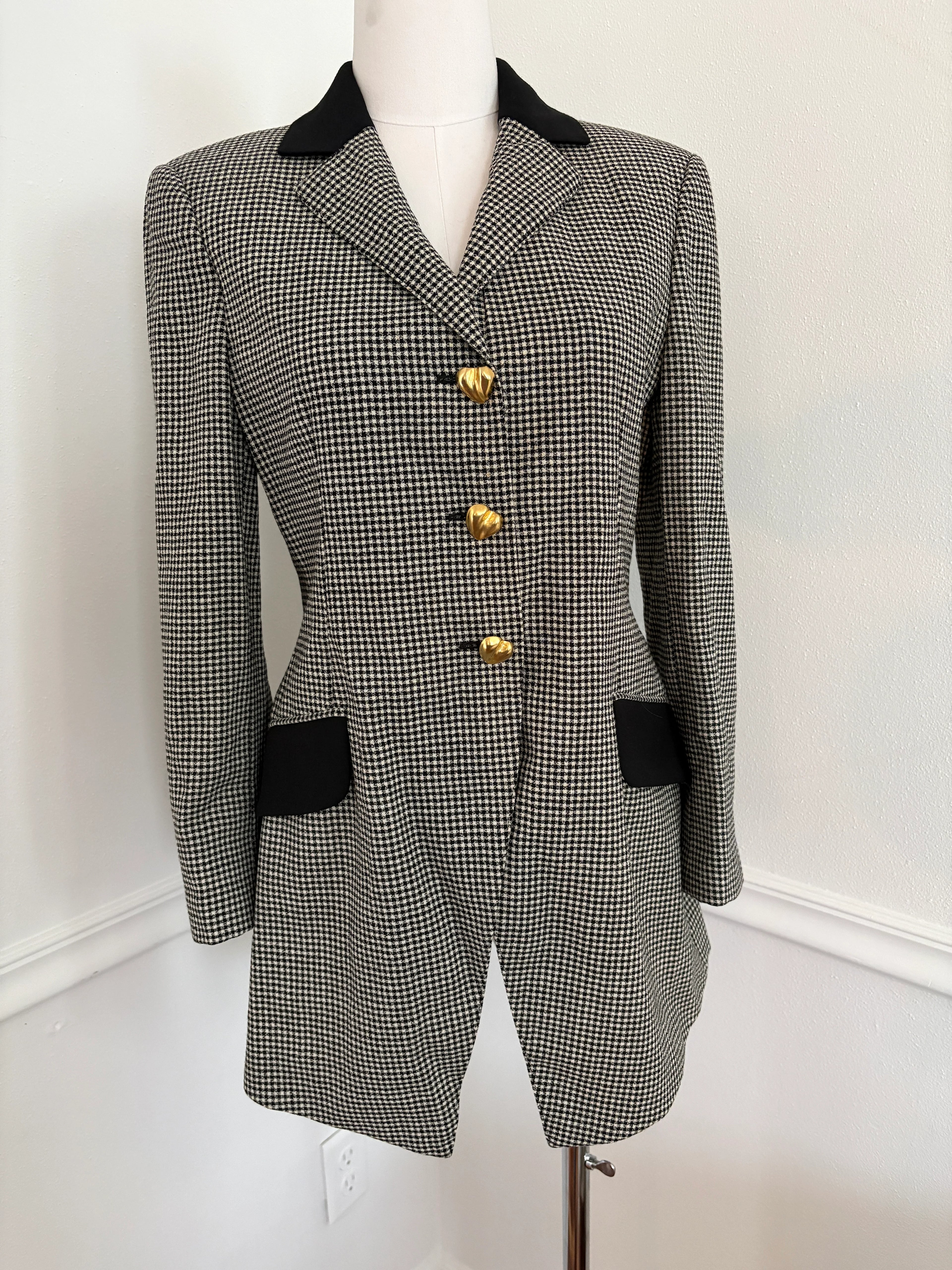 MOSCHINO Archival Vintage 1991 Houndstooth Blazer with Heart Buttons