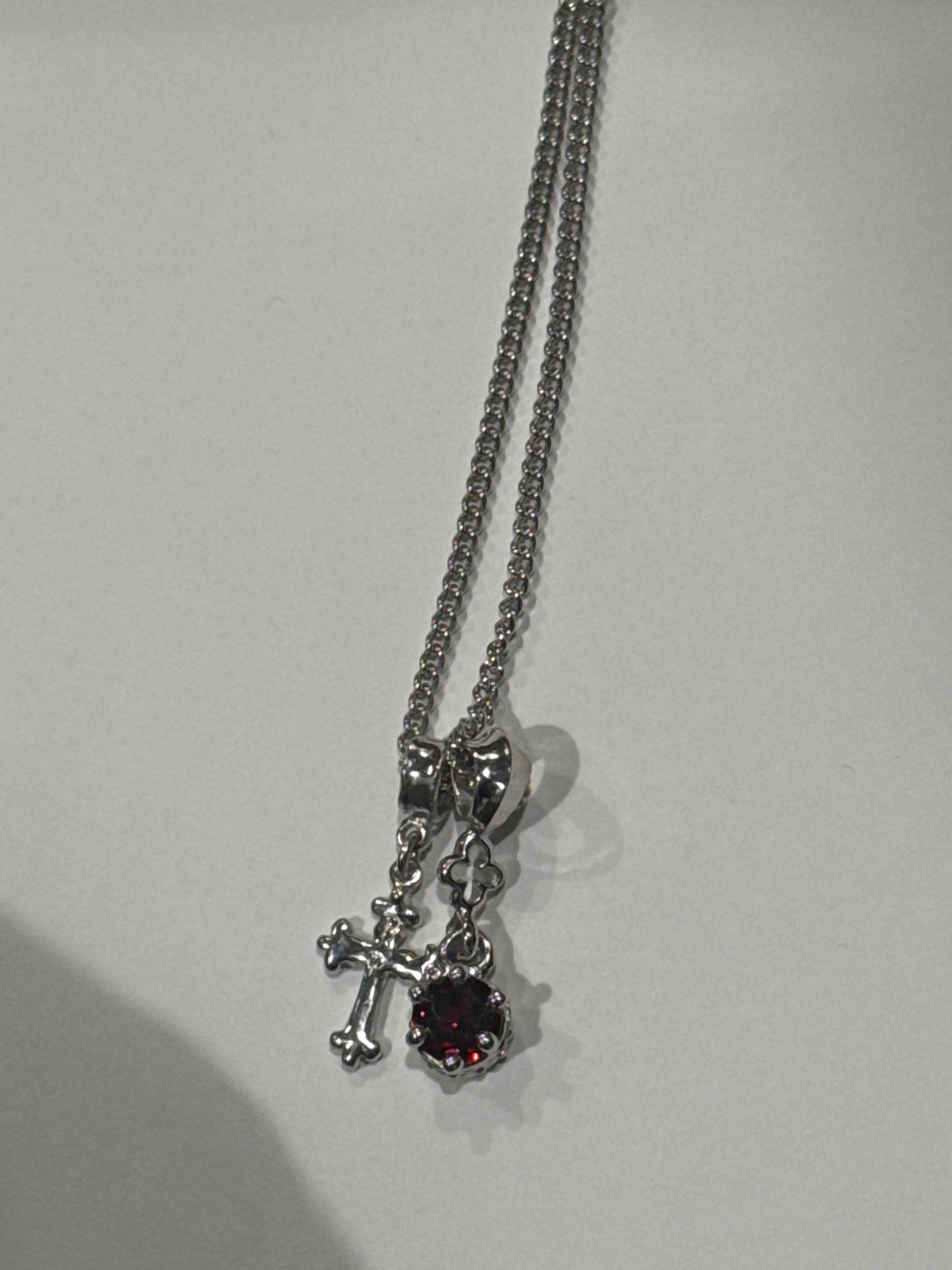 White Diamond Cross Pendant + Red Garnet Charm Sterling Silver Plated with White Rodium/Platinum Necklace N1452