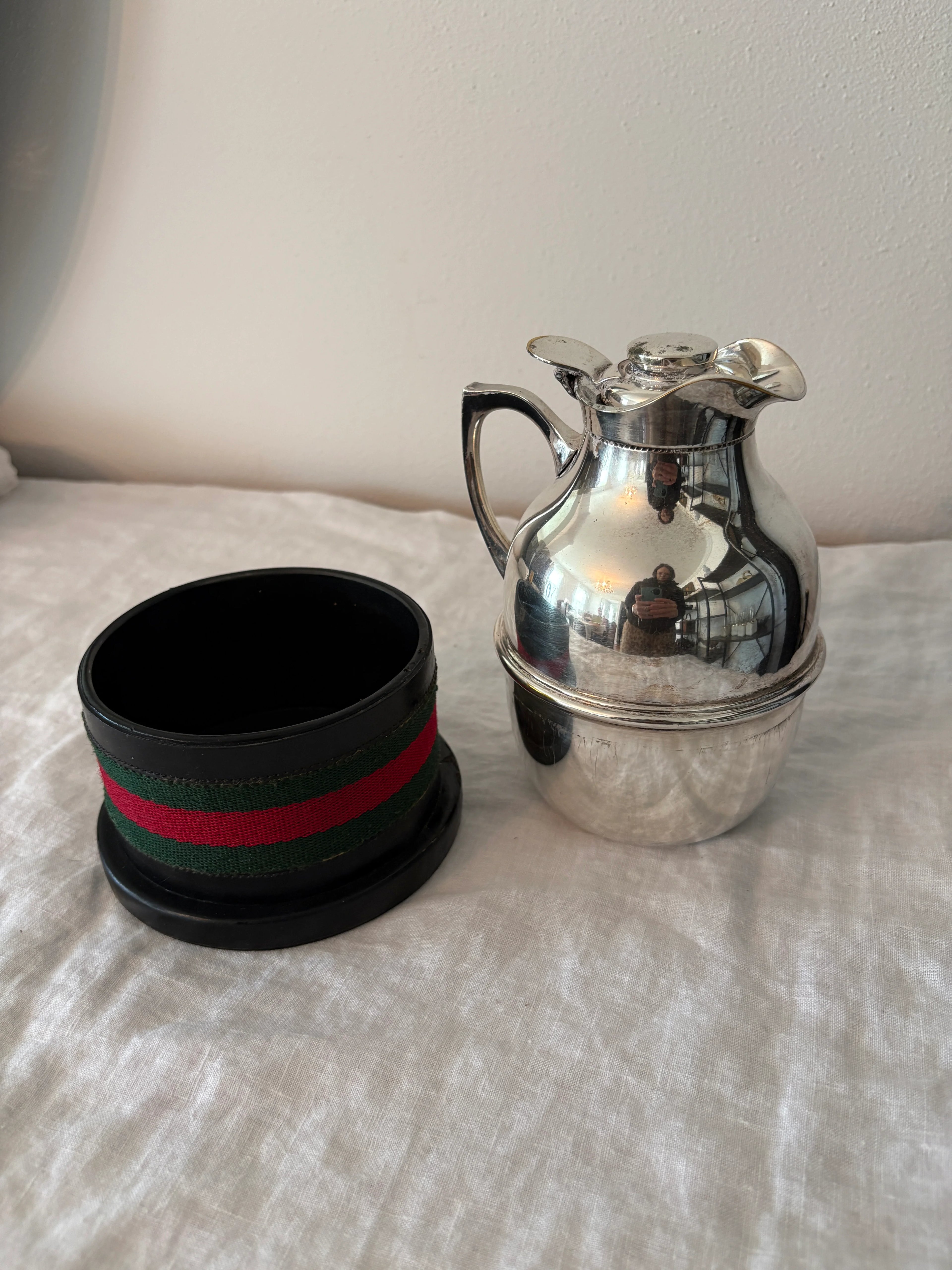 GUCCI 1960’s Silver Pitcher with Black Leather and Web Stripe Coaster