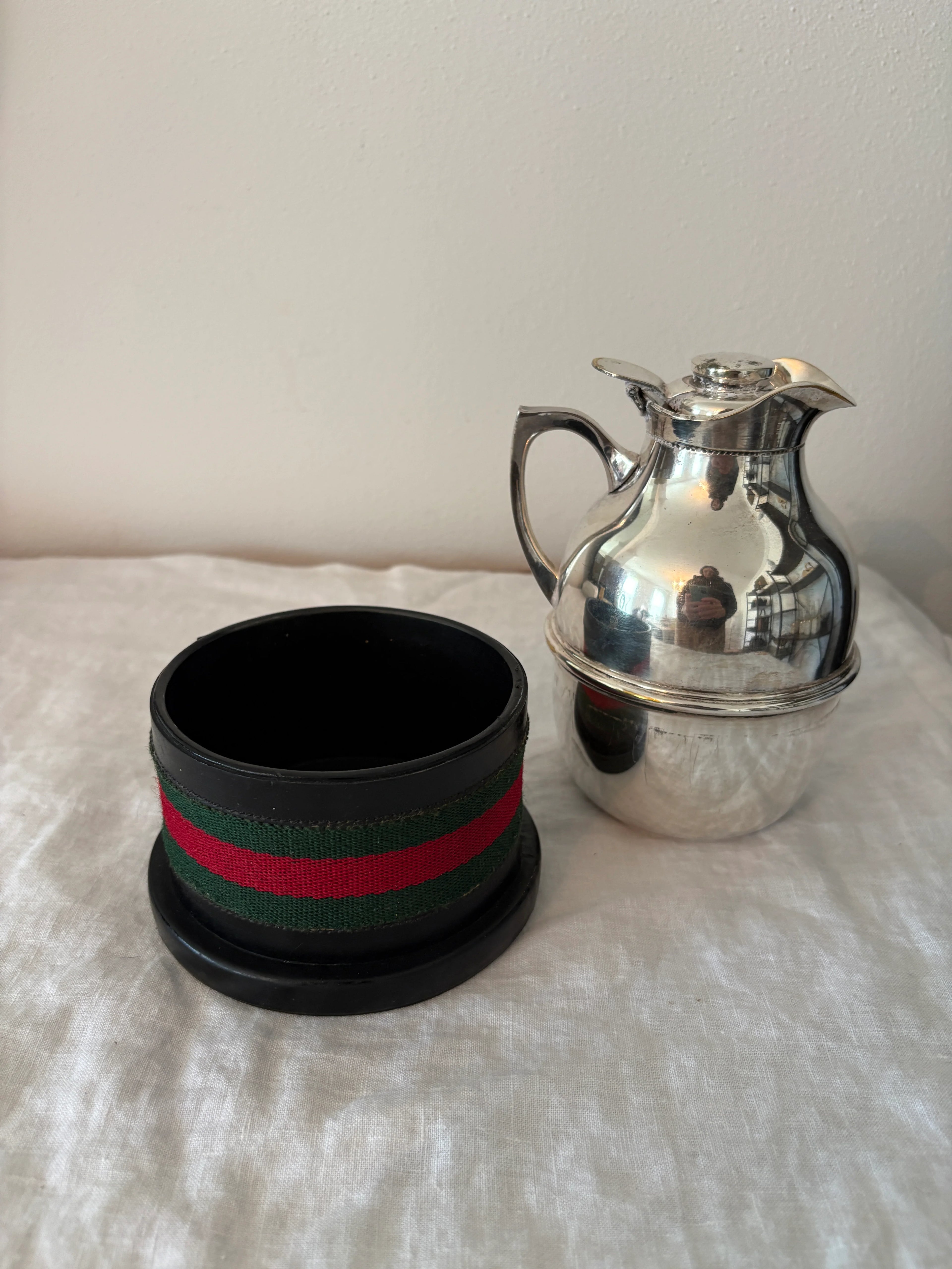 GUCCI 1960’s Silver Pitcher with Black Leather and Web Stripe Coaster