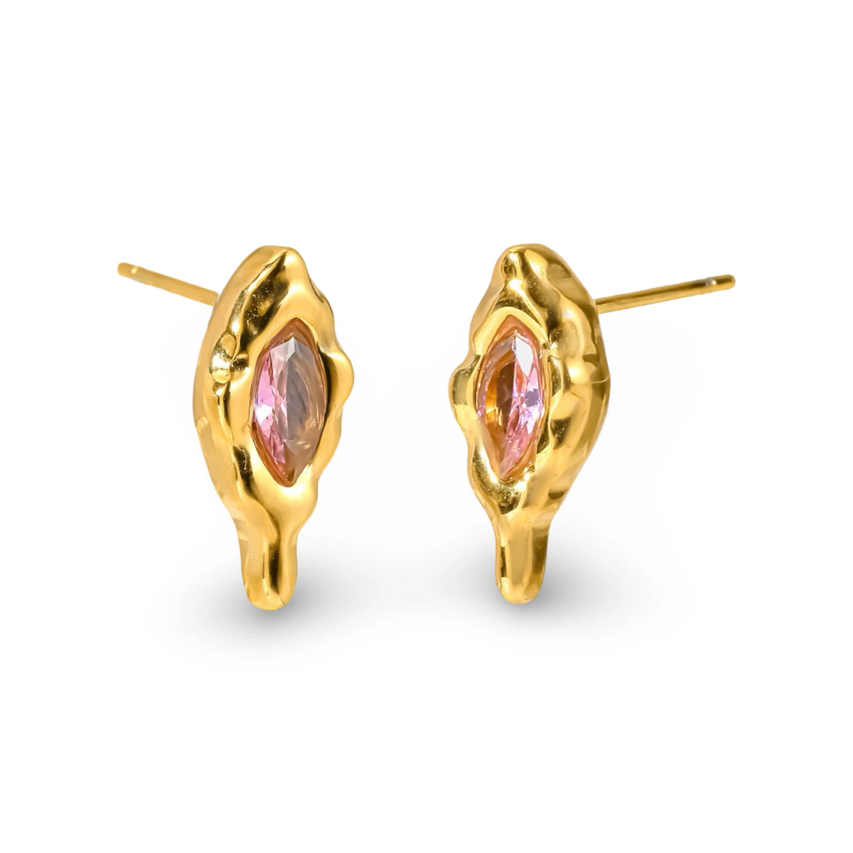 A pair of gold stud earrings with an organic