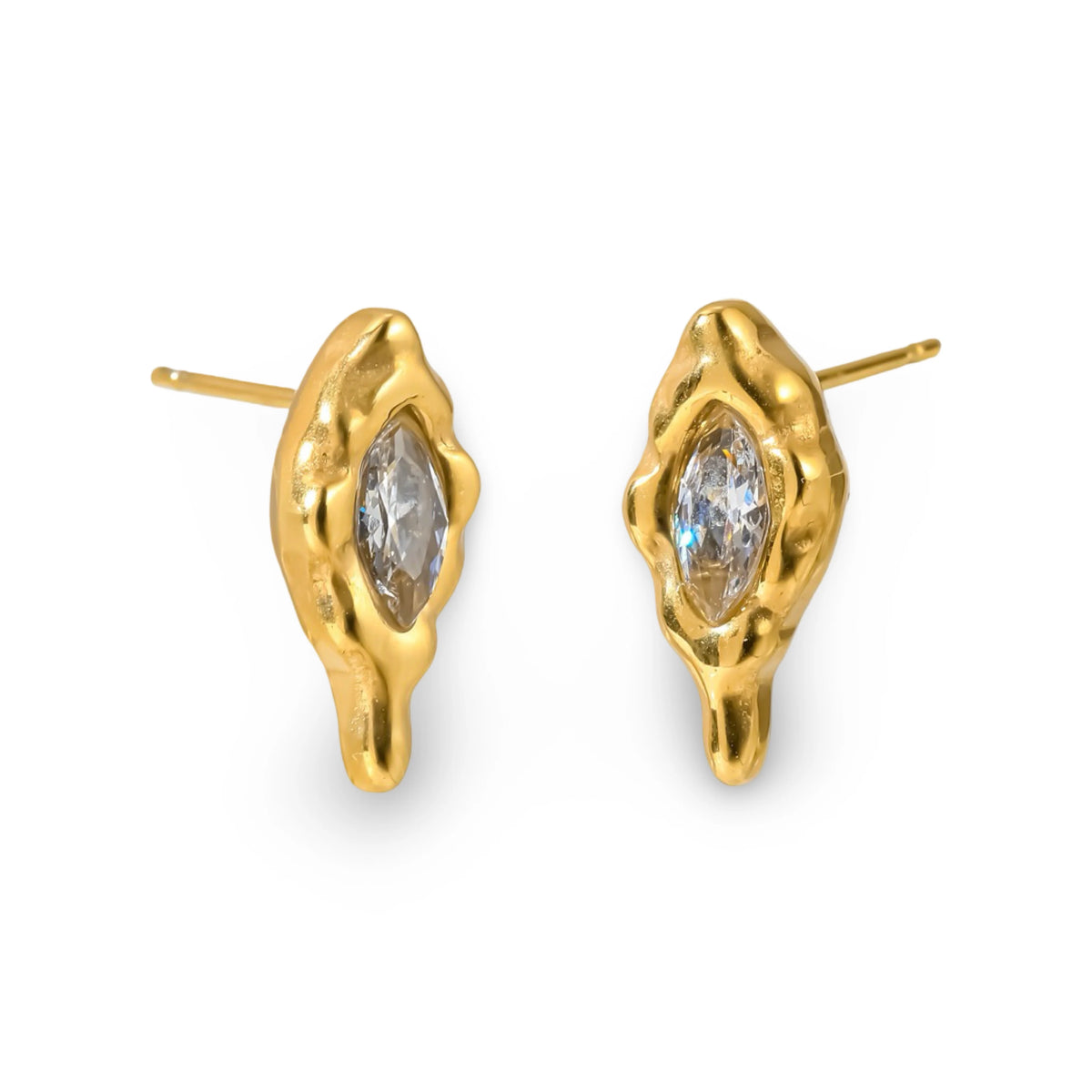 A pair of gold stud earrings with an organic