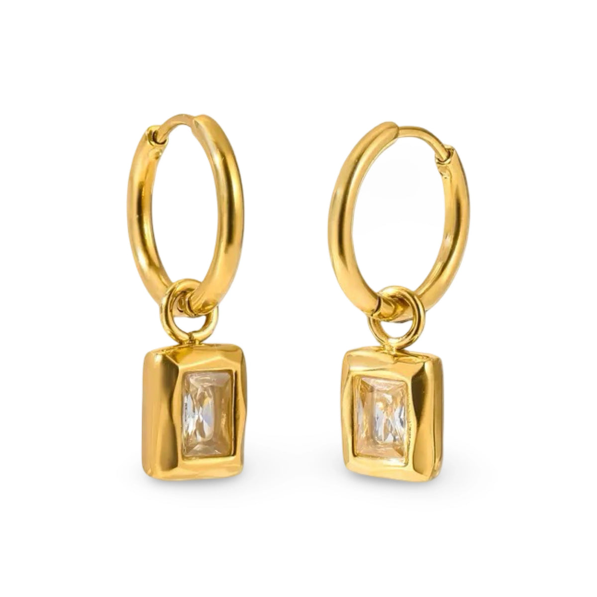 A pair of gold hoop earrings with a small