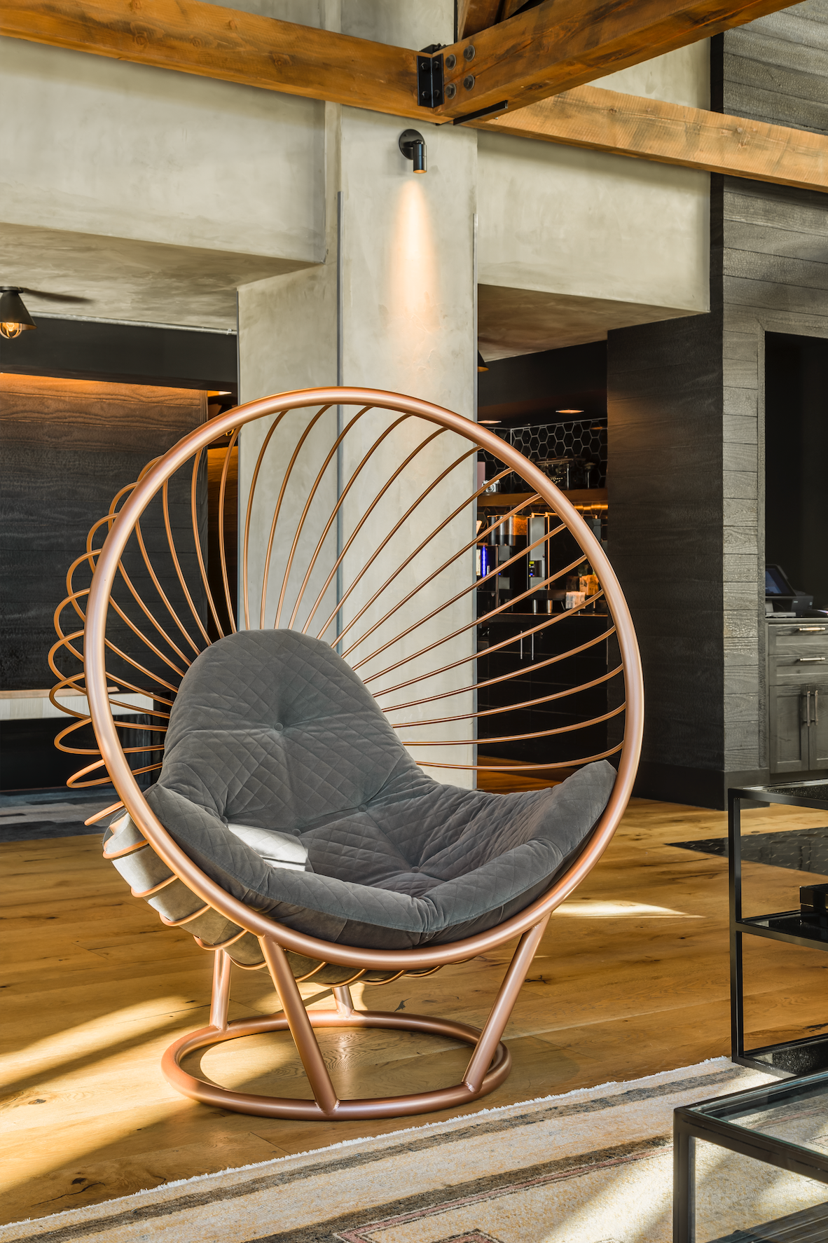 California Chair - Standing in Champagne Gold and Dark Grey Cushion