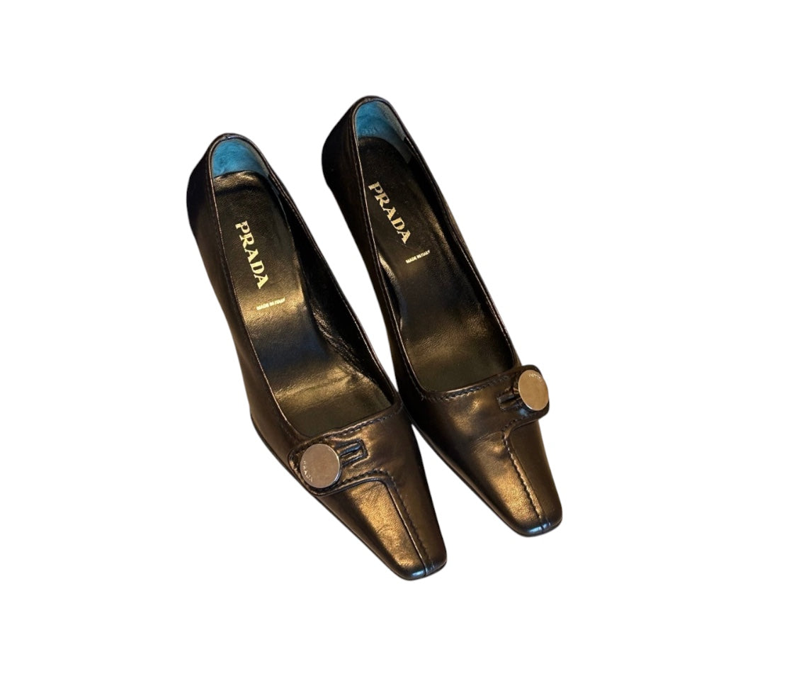 Prada Black Leather Square-Toe Pumps