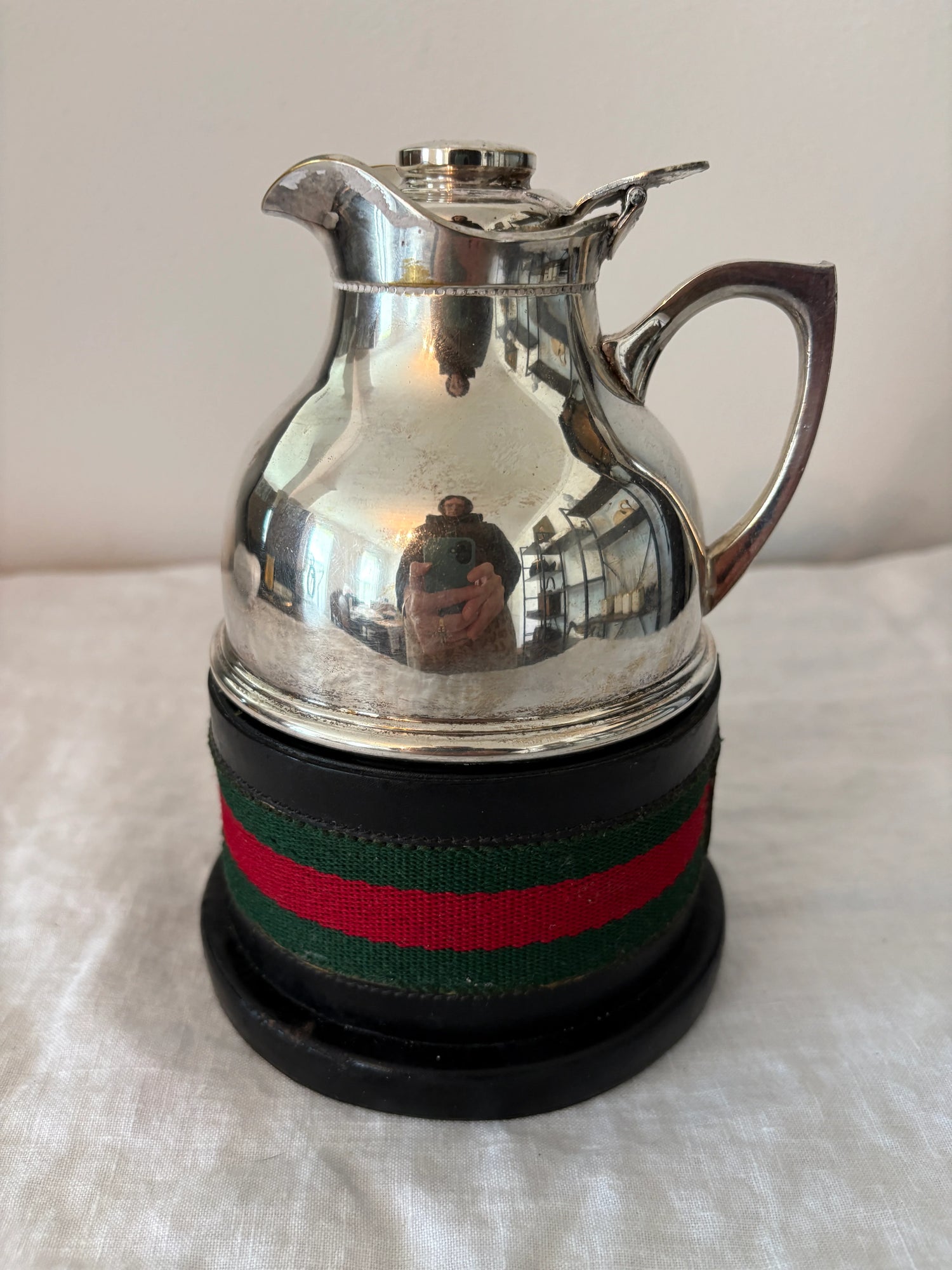 GUCCI 1960’s Silver Pitcher with Black Leather and Web Stripe Coaster