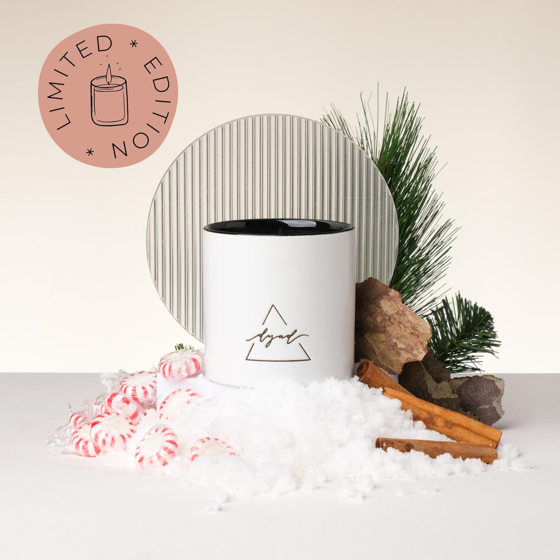 candle displayed with snow, cinnamon sticks, peppermint candy, and pine needles