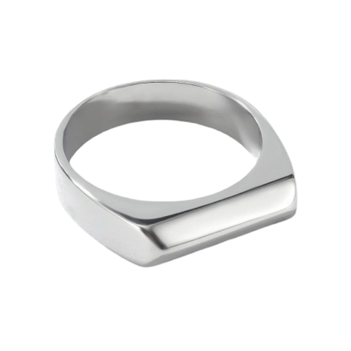 A polished silver-toned metal signet ring with a wide