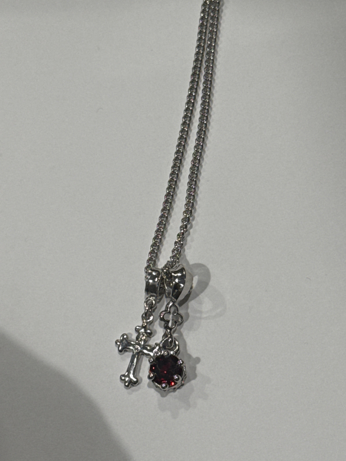 White Diamond Cross Pendant + Red Garnet Charm Sterling Silver Plated with White Rodium/Platinum Necklace N1452
