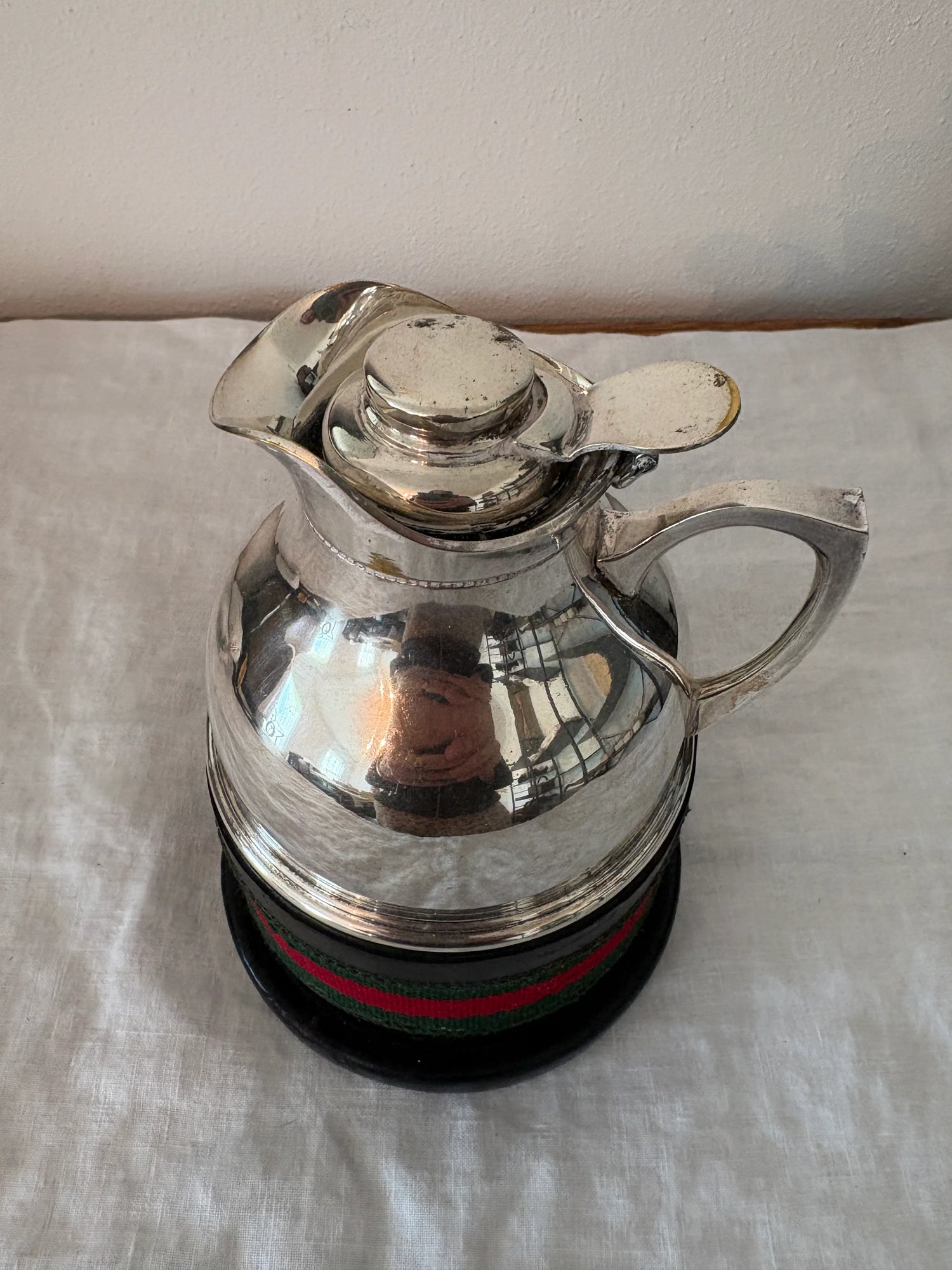 GUCCI 1960’s Silver Pitcher with Black Leather and Web Stripe Coaster