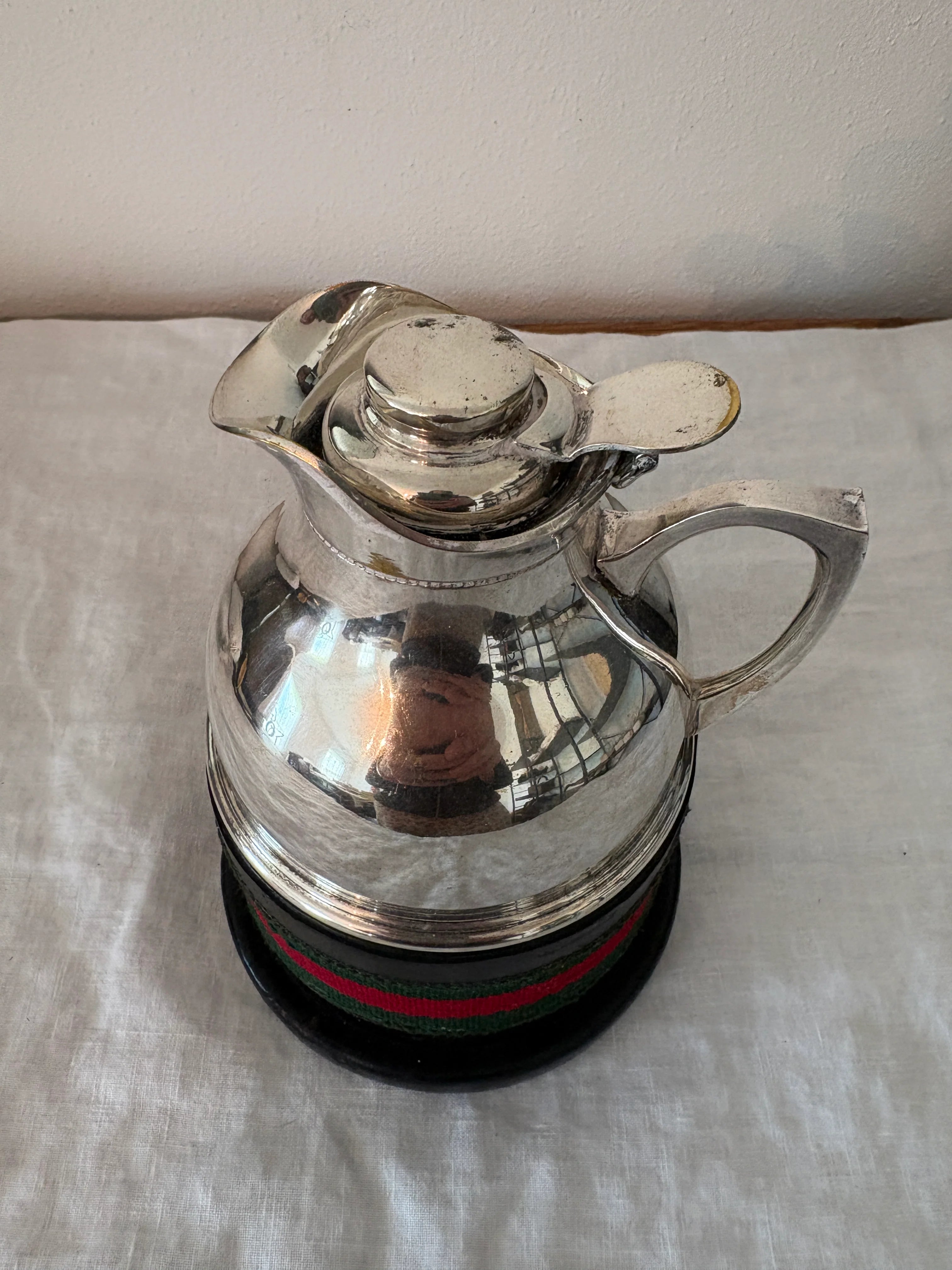 GUCCI 1960’s Silver Pitcher with Black Leather and Web Stripe Coaster