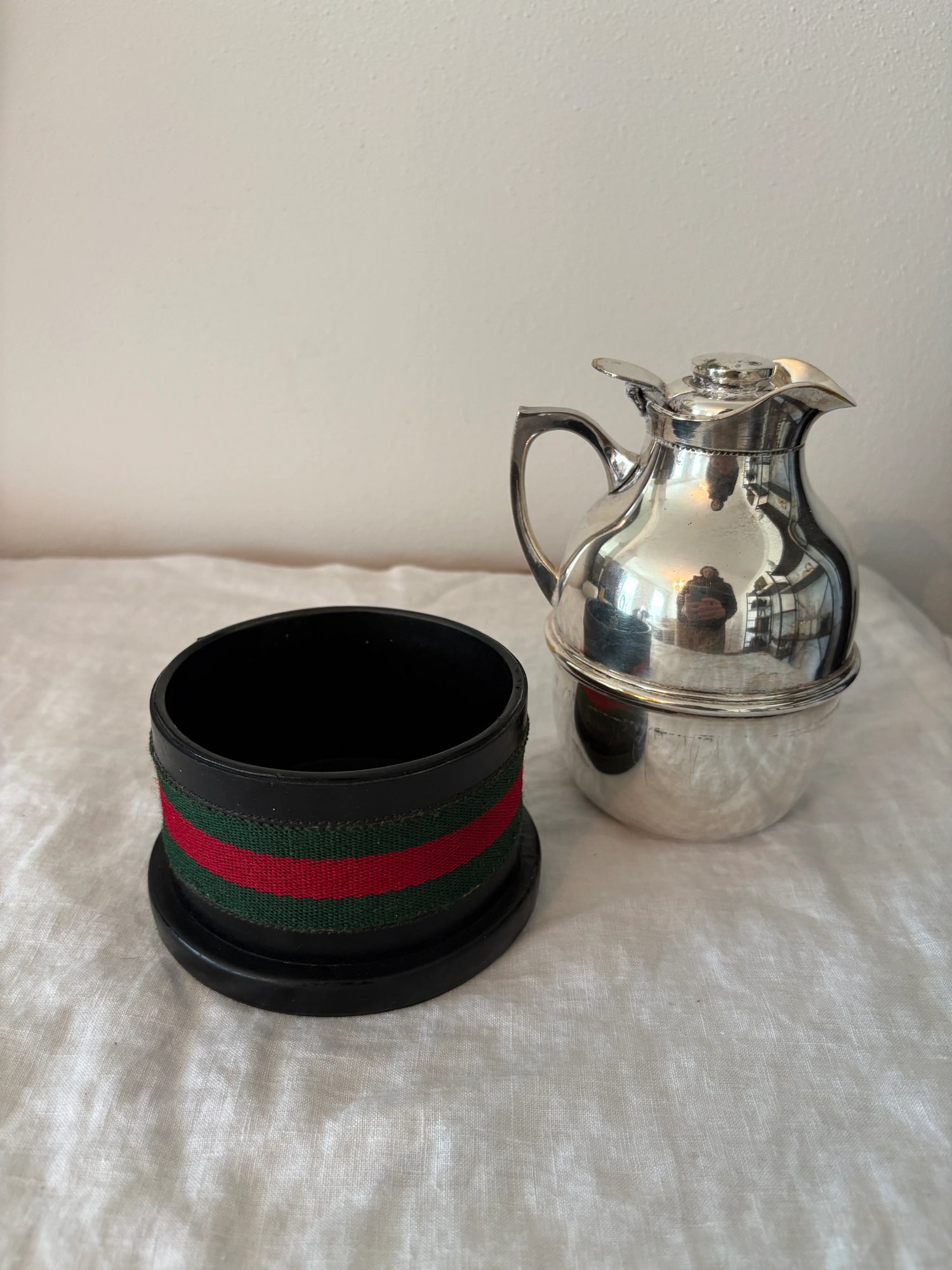 GUCCI 1960’s Silver Pitcher with Black Leather and Web Stripe Coaster