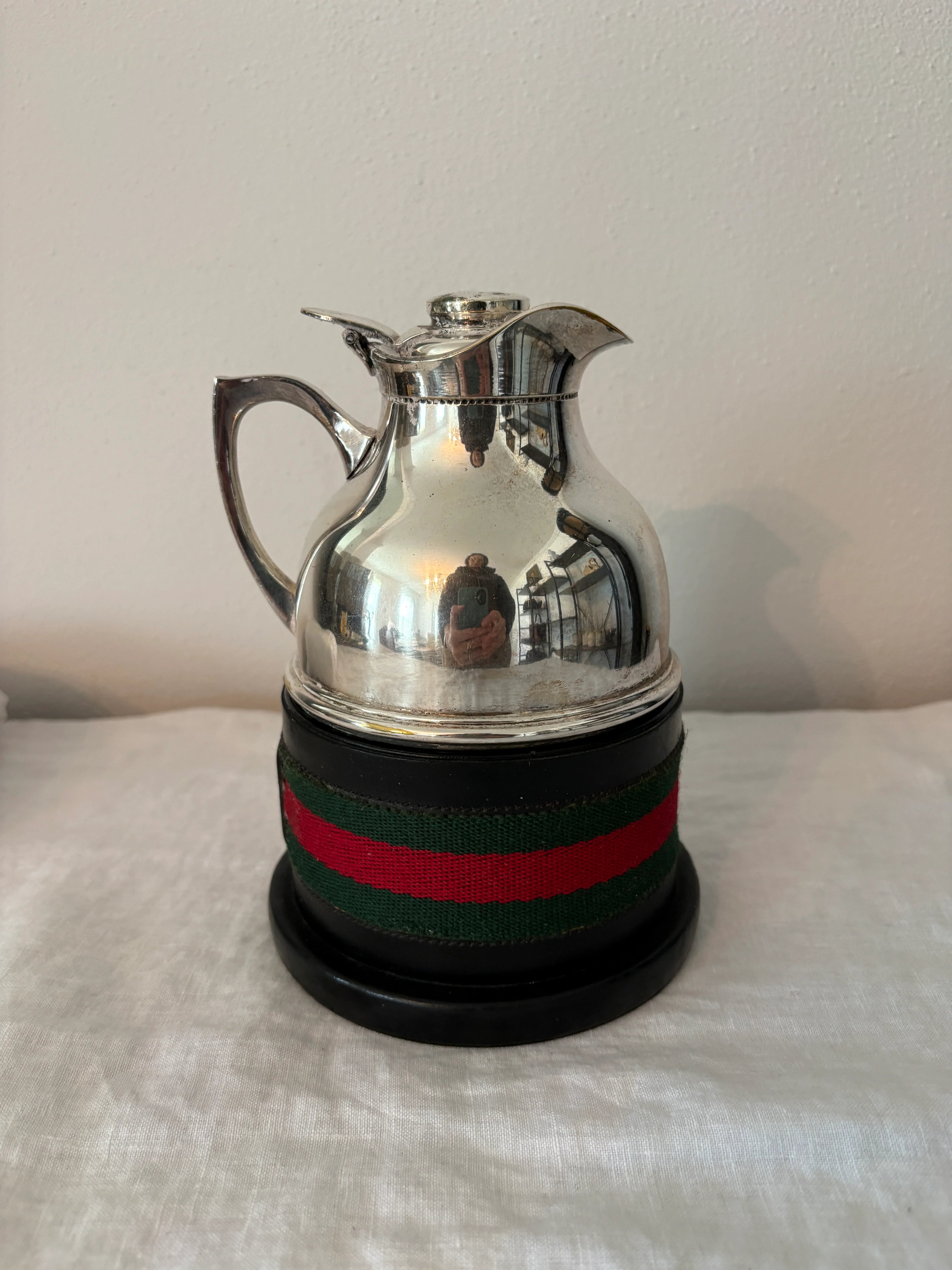 GUCCI 1960’s Silver Pitcher with Black Leather and Web Stripe Coaster