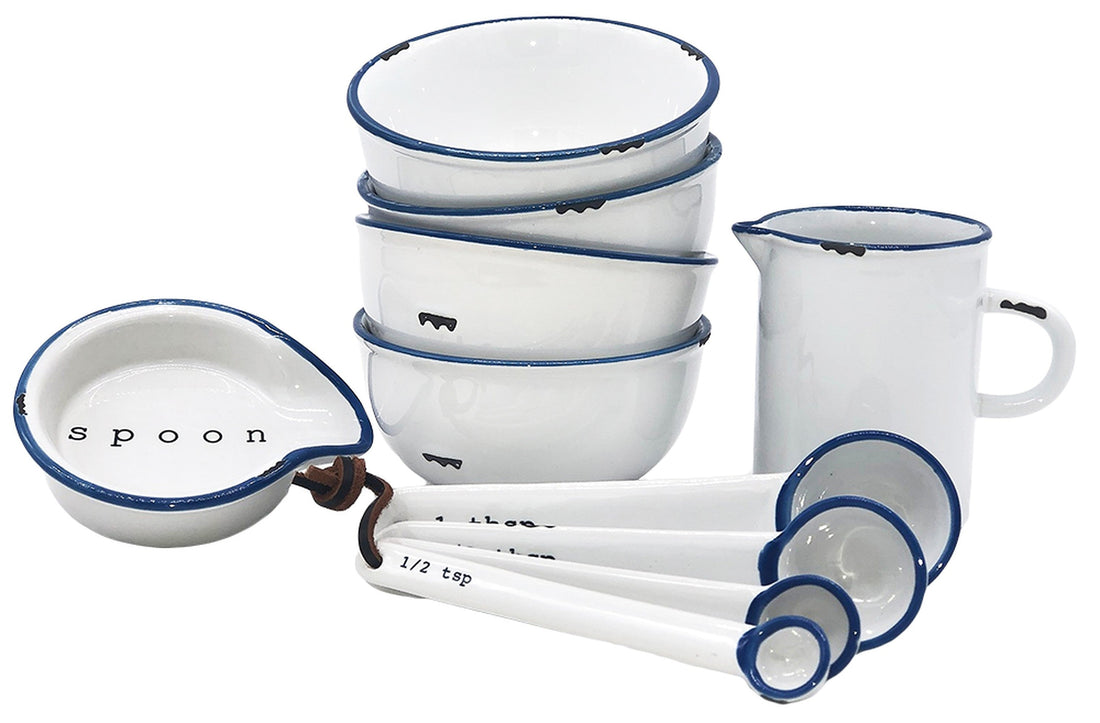 Tinware 7-Piece Prep Set- White w/ Blue Rim
