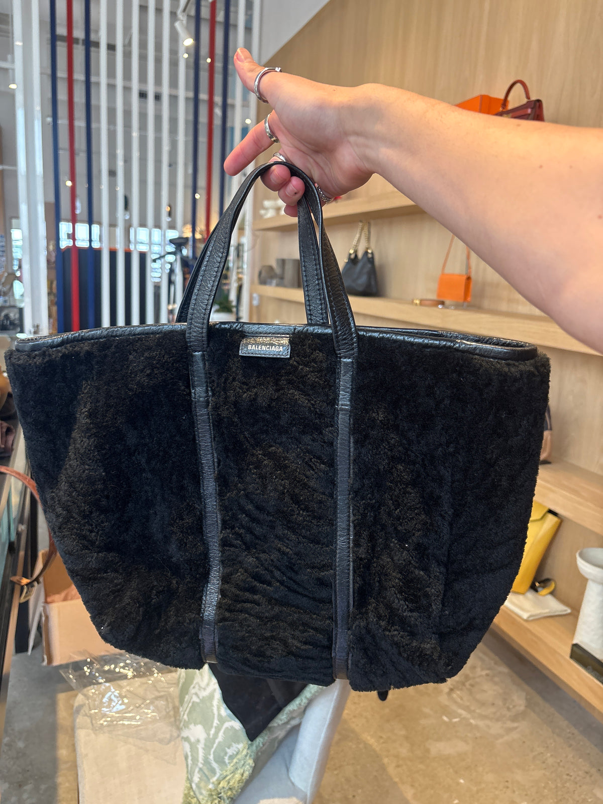 Balenciaga 2010 Black Shearling Leather Tote Bag