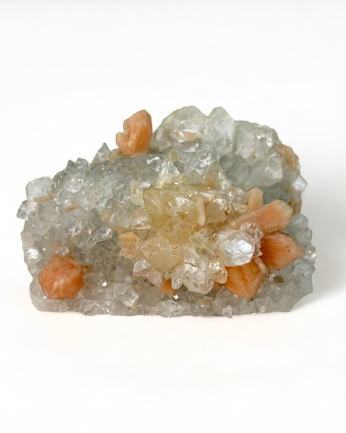 Apophyllite on Blue Chalcedony (Zeolite) with Peach Stilbite