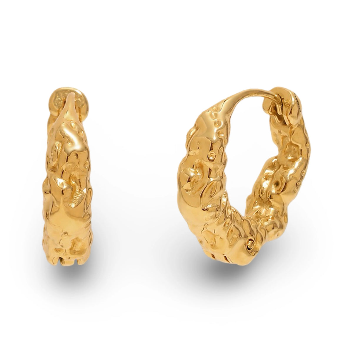 A pair of textured gold huggie hoop earringss 