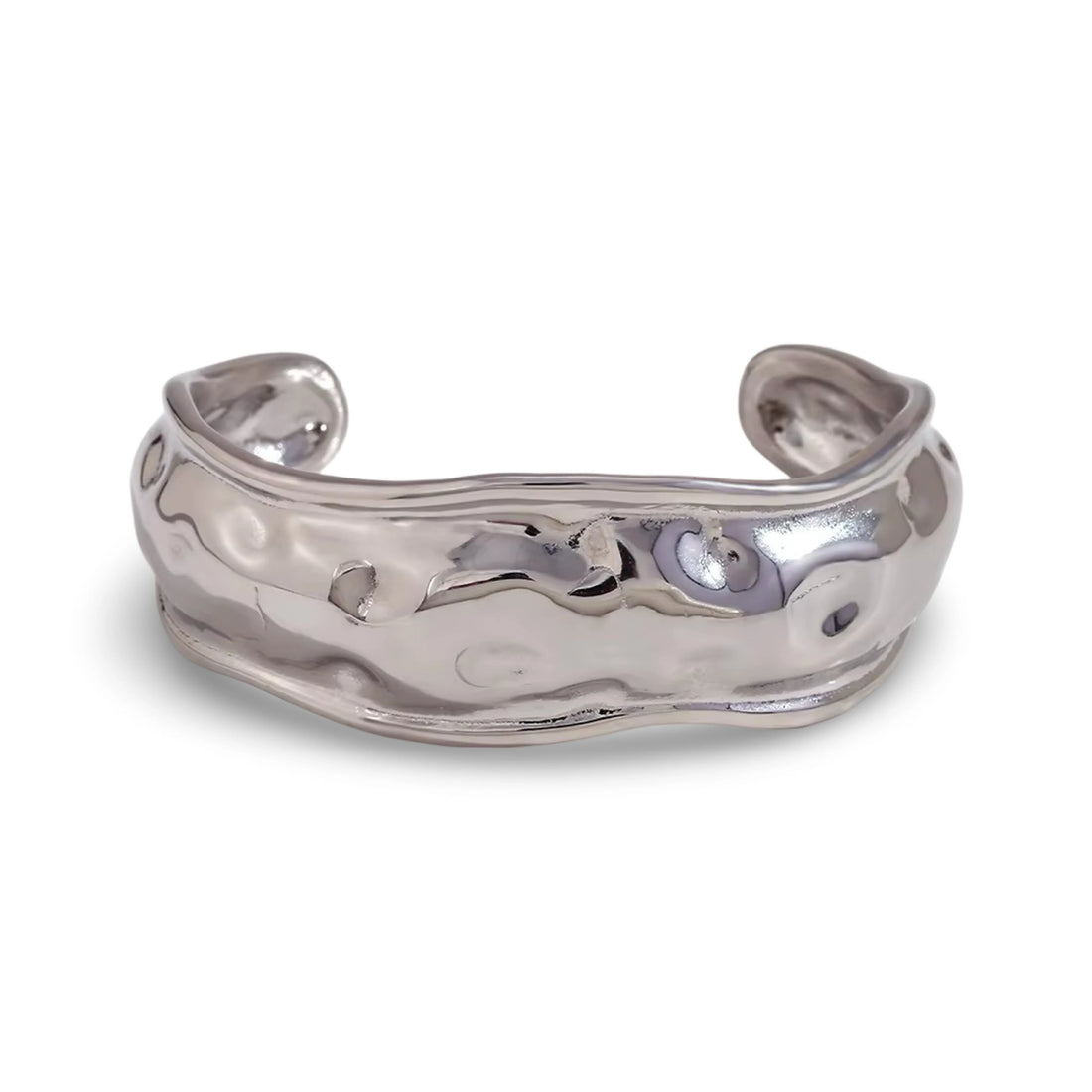 A polished silver cuff bracelet with a hammered