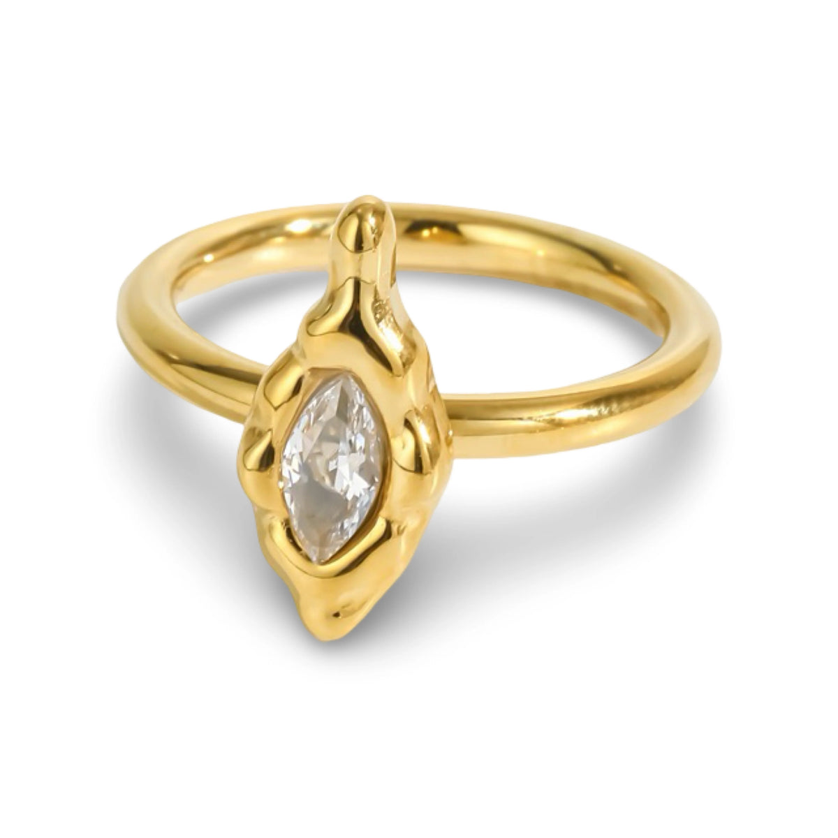 A gold textured ring featuring a marquise-cut CZ gemstone in a textured bezel setting.