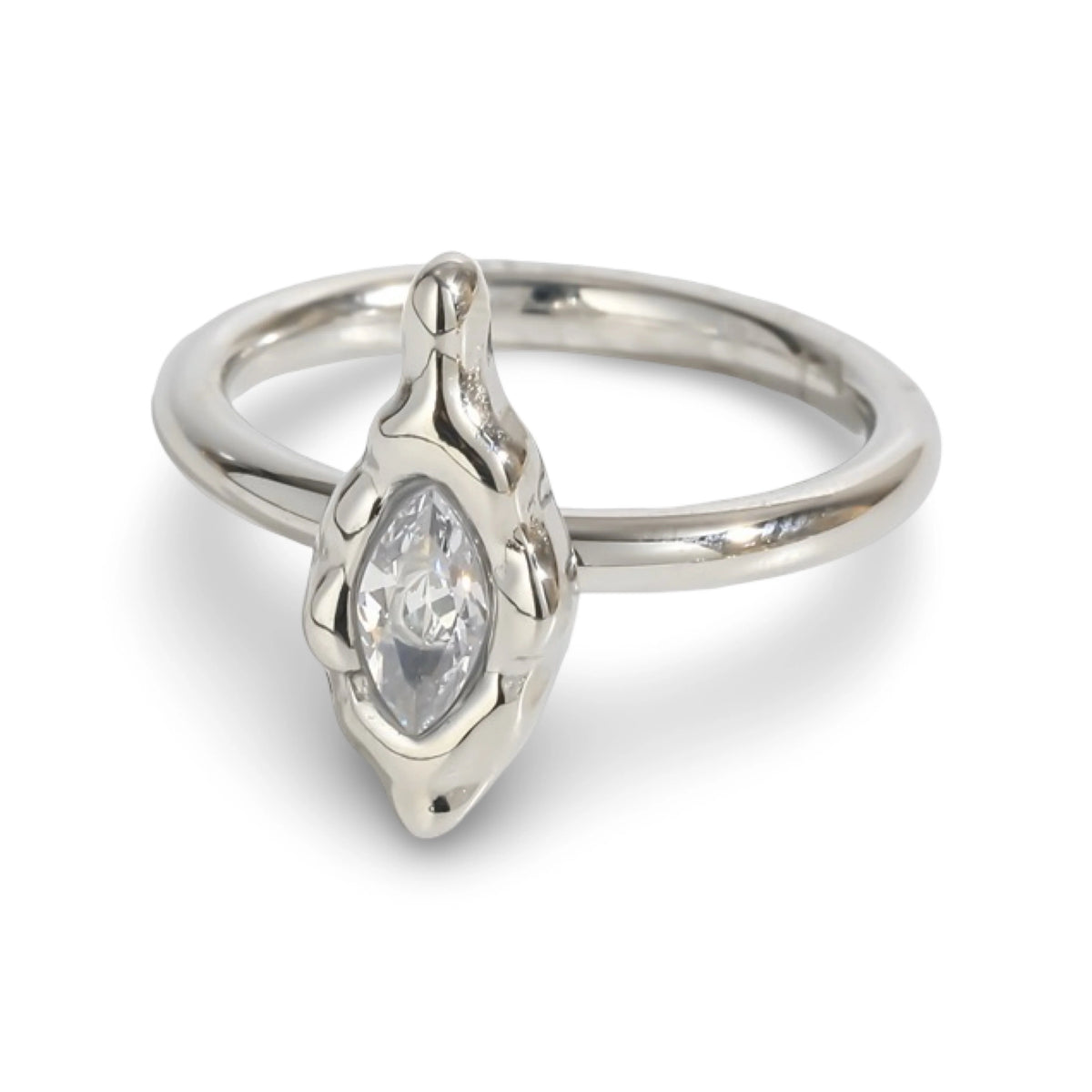 A gold textured ring featuring a marquise-cut CZ gemstone in a textured bezel setting.