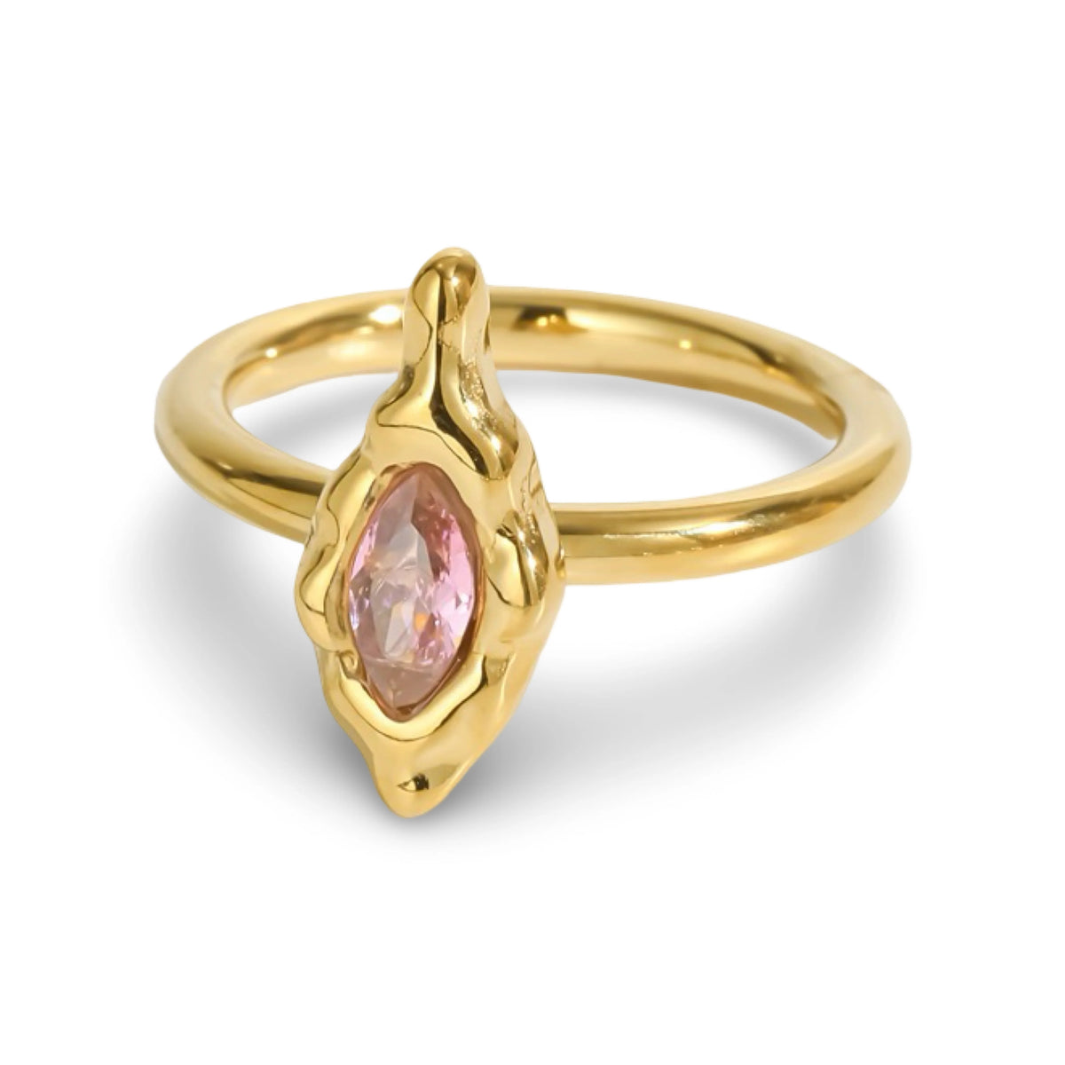A gold textured ring featuring a marquise-cut CZ gemstone in a textured bezel setting.