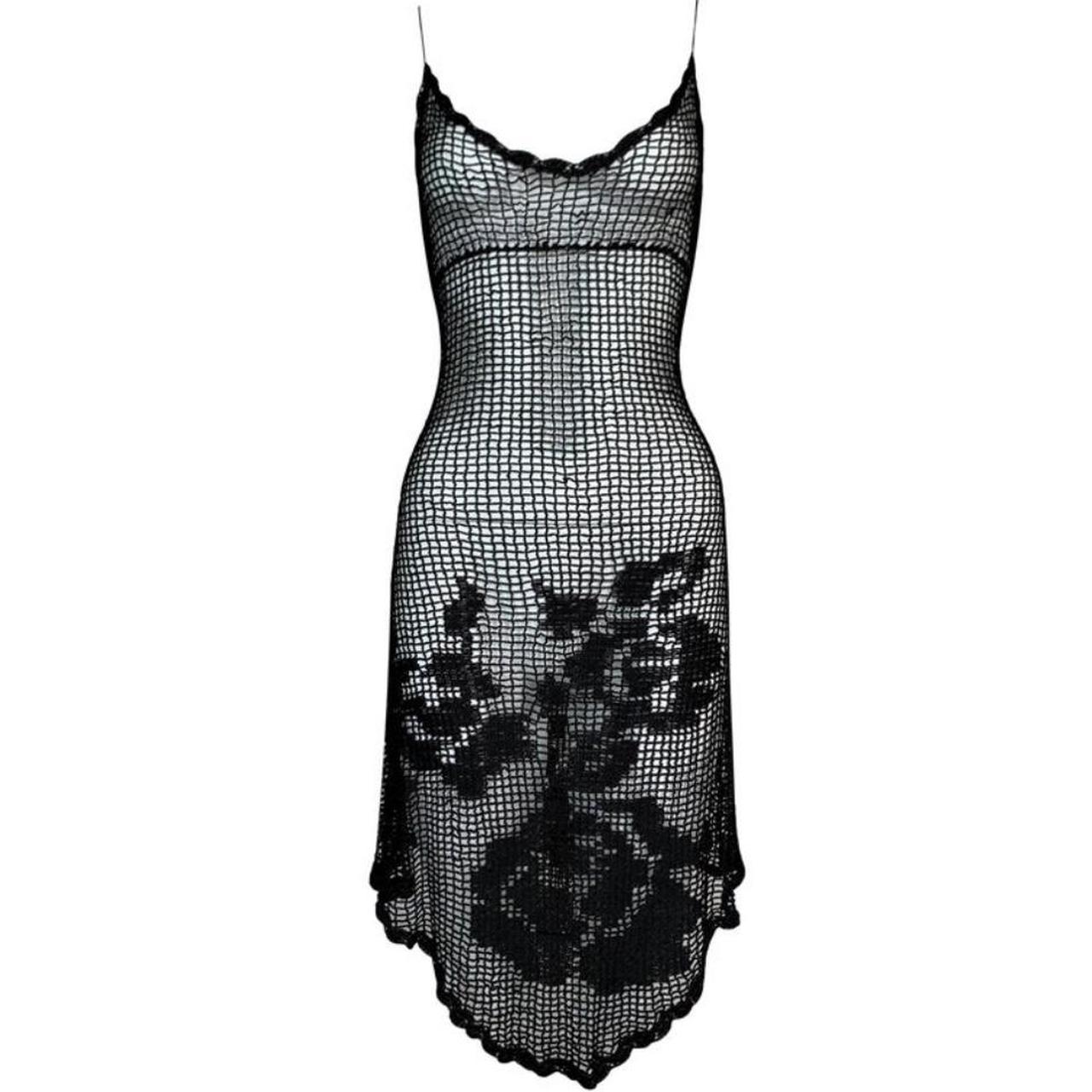 Front image of the Rare Vintage F/W 1997 Dolce &amp; Gabbana Runway Sheer Black Knit Dress. showing the incredible mood