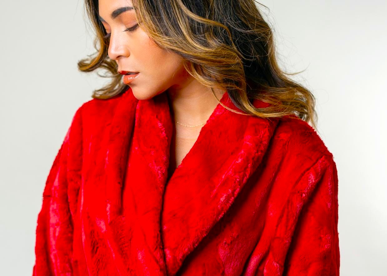 ultra plush scarlet red robe soft model wearing robe