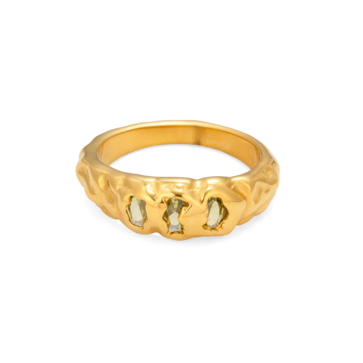  irregularly shaped olive green CZ stone set into a wavy