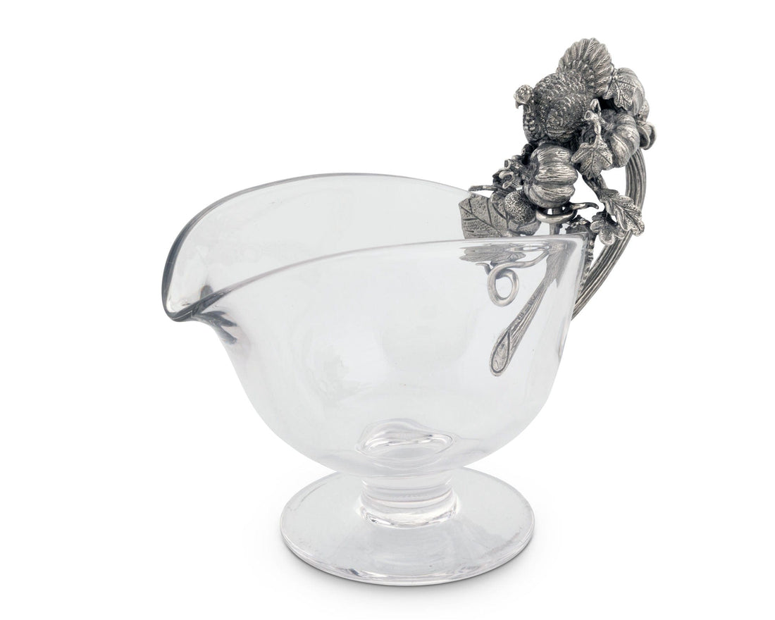 Hand Blown Glass Gravy Boat Pewter Harvest Turkey