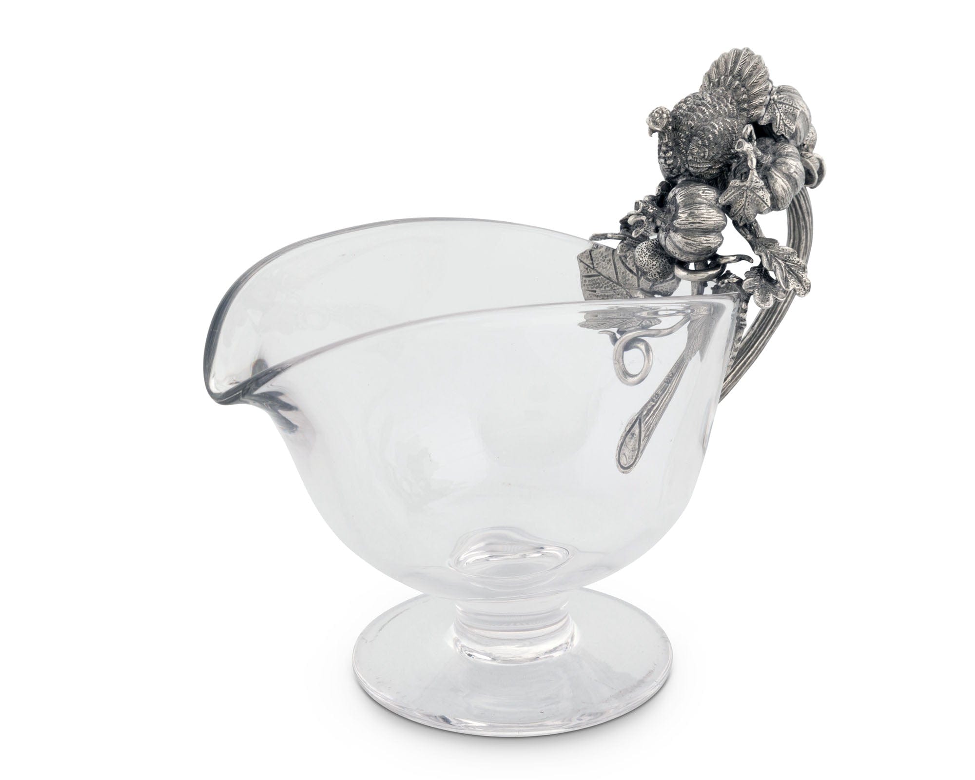 Hand Blown Glass Gravy Boat Pewter Harvest Turkey