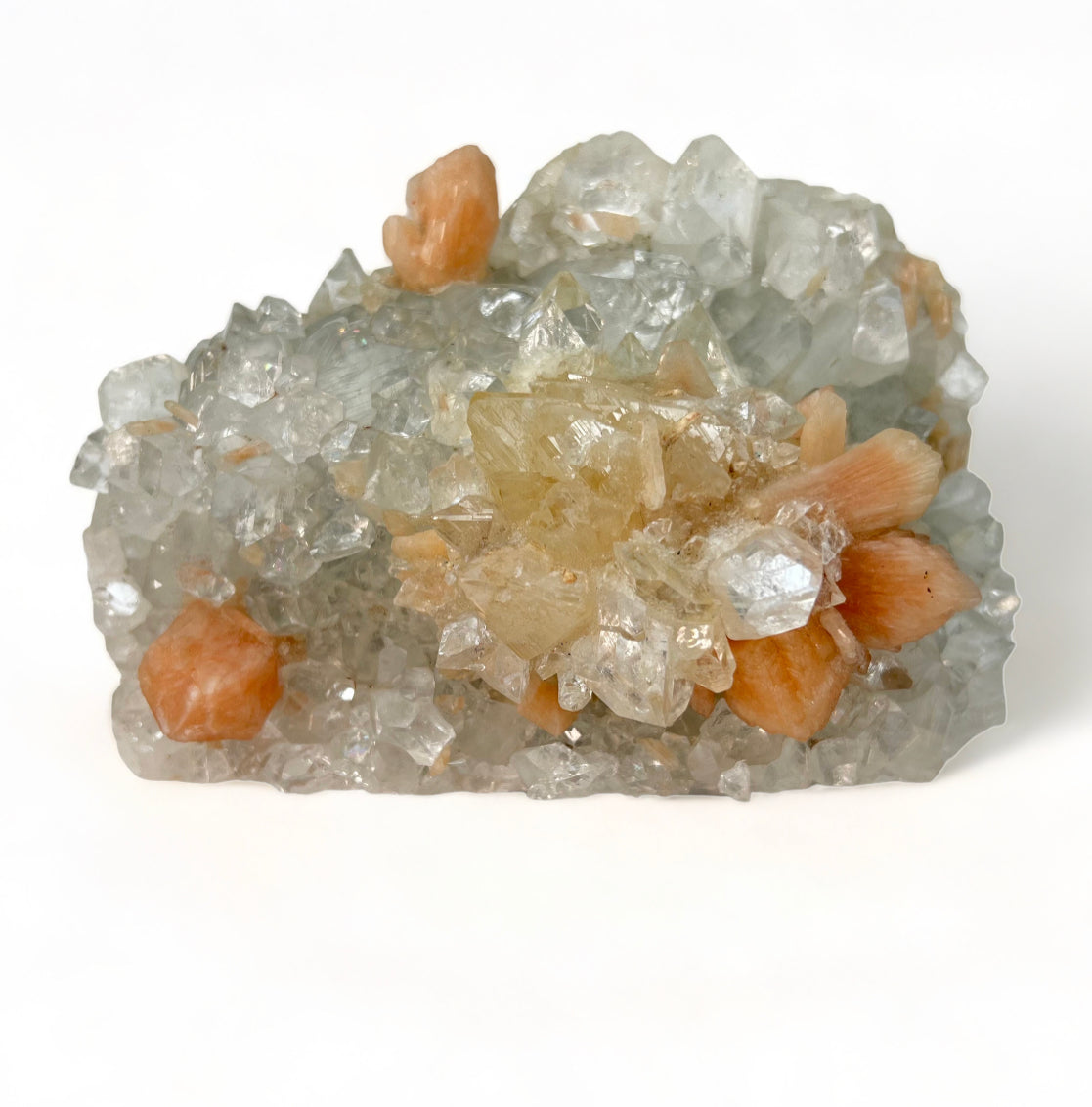 Apophyllite on Blue Chalcedony (Zeolite) with Peach Stilbite