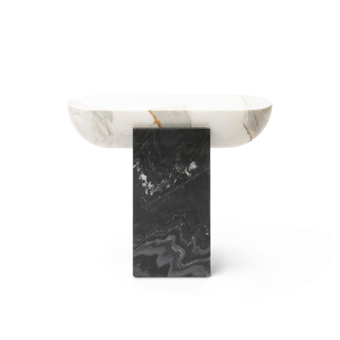 Pill Side Table with White Marble Top and Black Marble Base