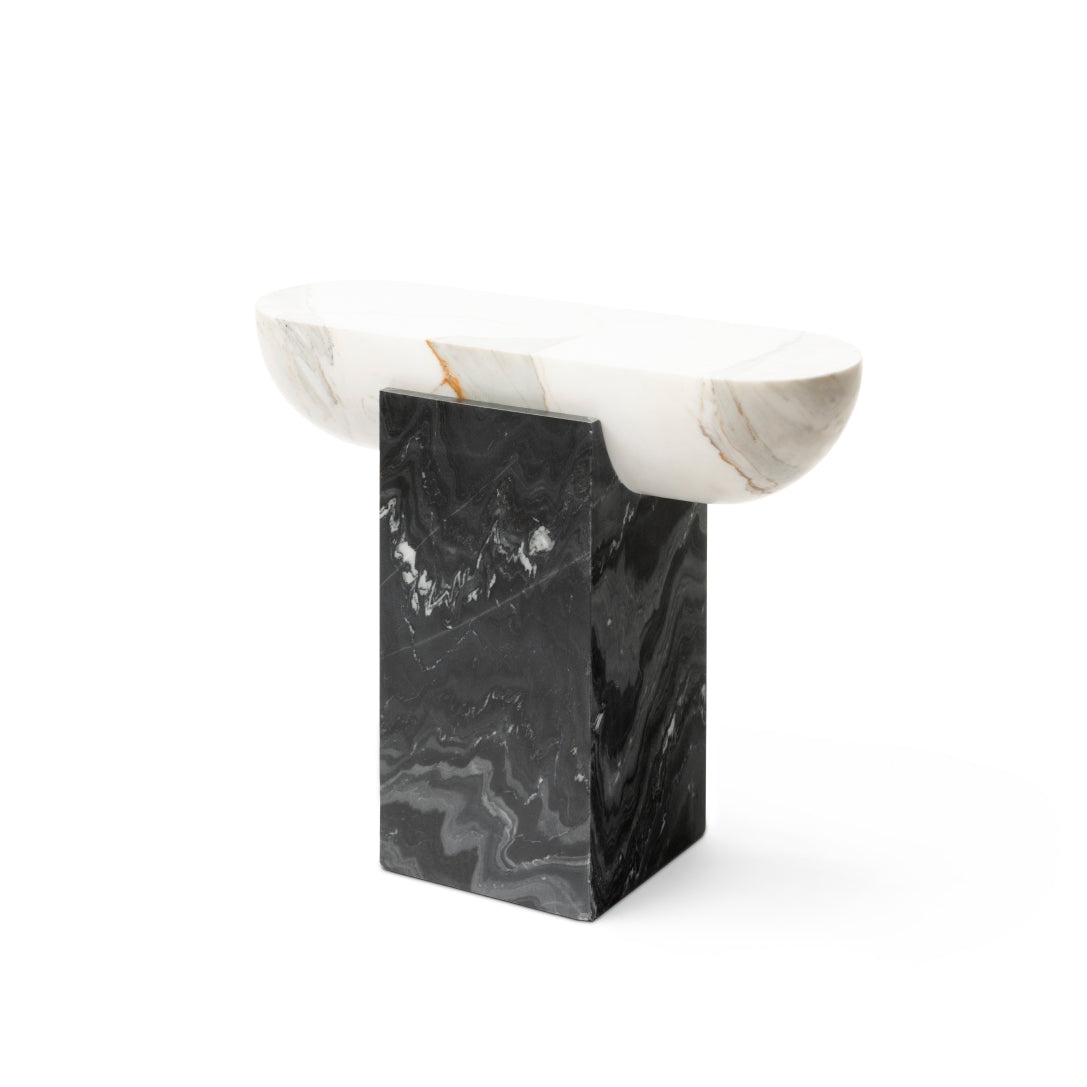 Pill Side Table with White Marble Top and Black Marble Base