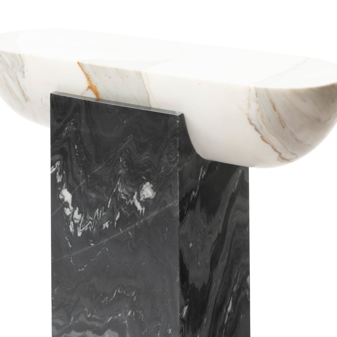 Pill Side Table with White Marble Top and Black Marble Base